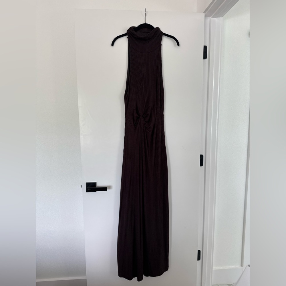 Free People Ribbed Maxi Dress Espresso Brown | Size Large | Mock Neck Slit Dress